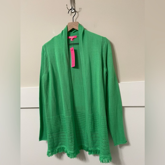 SOLD NWT Lilly Pulitzer Green Open Front Fringe Mid Length Cardigan  Size Medium - Picture 5 of 8